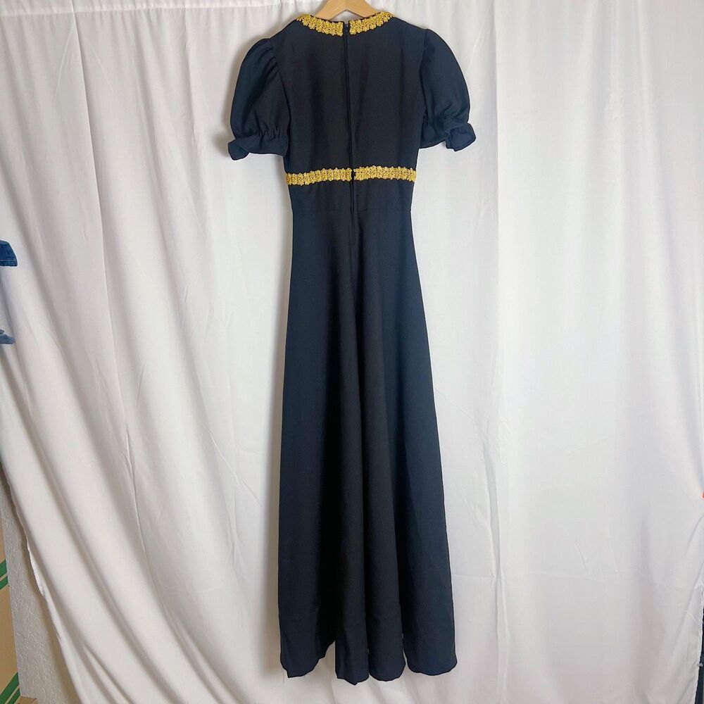 1960s Vintage Black Puff Sleeve Gown Maxi Dress Gold Trim - Picture 3 of 7